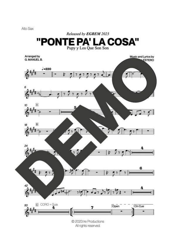 Pupy y Los Que Son Son – Ponte Pa' La Cosa (Colabora) – First Page of Sheet Music Preview (PDF) – Includes charts for Trumpets, Trombones, Saxophone, Piano and Bass