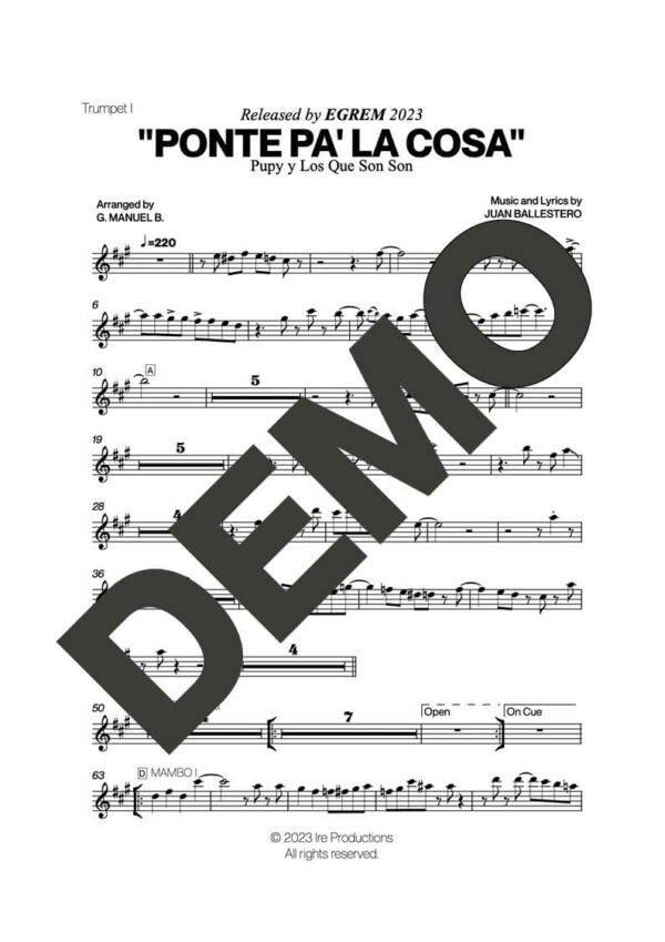 Pupy y Los Que Son Son – Ponte Pa' La Cosa (Colabora) – Sheet Music Demo Page 1 (PDF) – Includes charts for Trumpets, Trombones, Saxophone, Piano and Bass