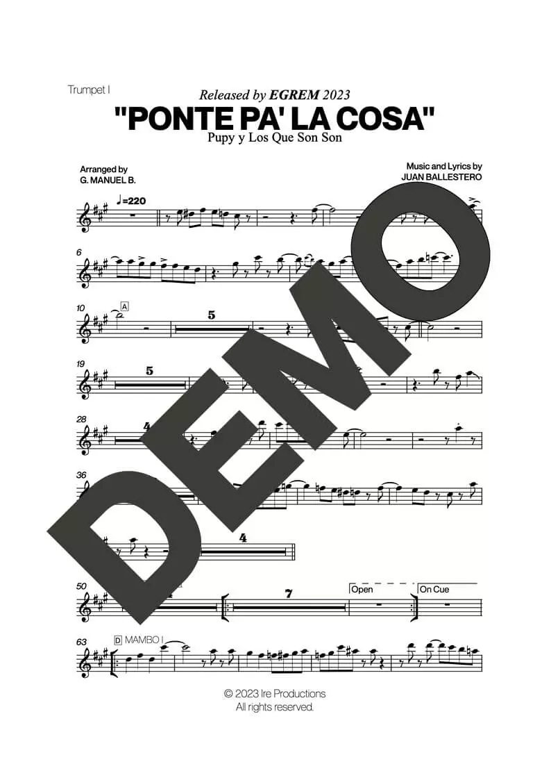 Pupy y Los Que Son Son – Ponte Pa' La Cosa (Colabora) – Sheet Music Demo Page 1 (PDF) – Includes charts for Trumpets, Trombones, Saxophone, Piano and Bass