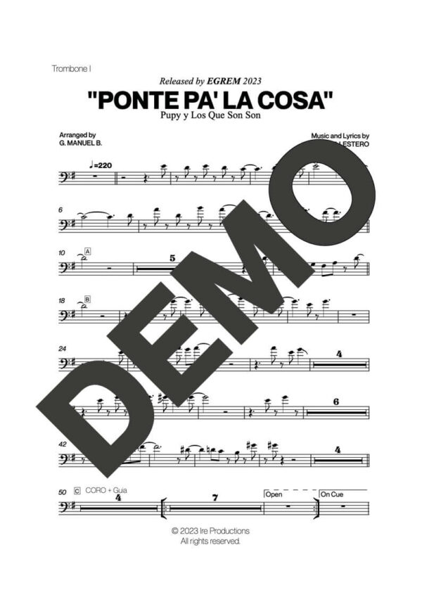 Pupy y Los Que Son Son – Ponte Pa' La Cosa (Colabora) – Sheet Music Demo Page 2 (PDF) – Includes charts for Trumpets, Trombones, Saxophone, Piano and Bass