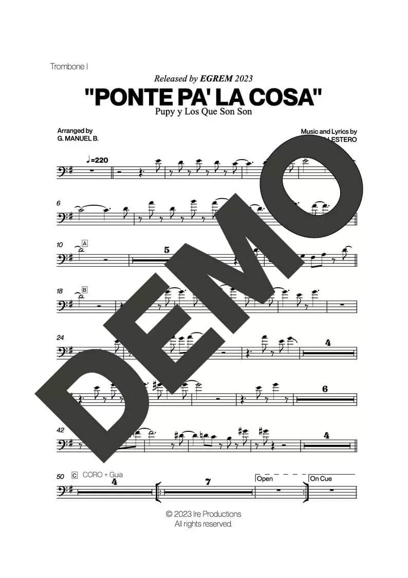 Pupy y Los Que Son Son – Ponte Pa' La Cosa (Colabora) – Sheet Music Demo Page 2 (PDF) – Includes charts for Trumpets, Trombones, Saxophone, Piano and Bass