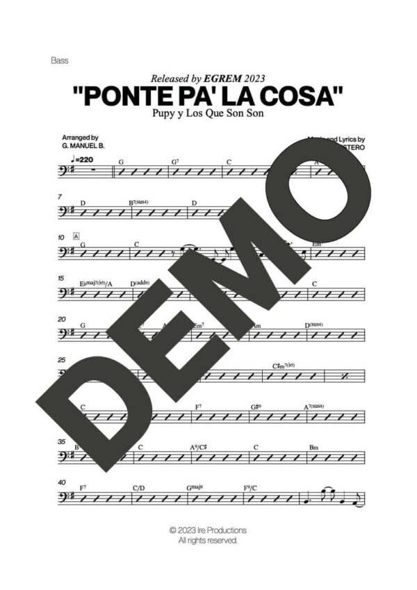 Pupy y Los Que Son Son – Ponte Pa' La Cosa (Colabora) – Sheet Music Demo Page 4 (PDF) – Includes charts for Trumpets, Trombones, Saxophone, Piano and Bass