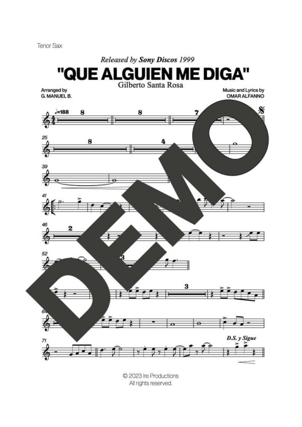 Gilberto Santa Rosa – Que Alguien Me Diga – First Page of Sheet Music Preview (PDF) – Includes charts for Trumpets, Trombones, Saxophone, Piano and Bass