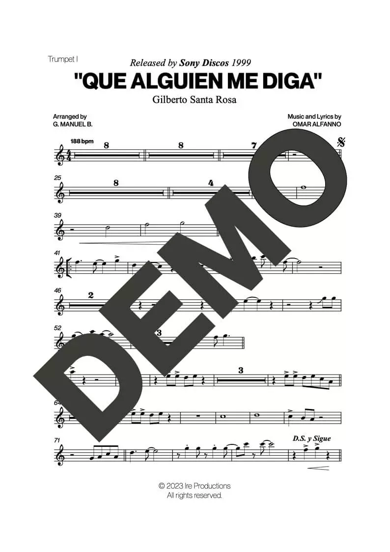 Gilberto Santa Rosa – Que Alguien Me Diga – Sheet Music Demo Page 1 (PDF) – Includes charts for Trumpets, Trombones, Saxophone, Piano and Bass