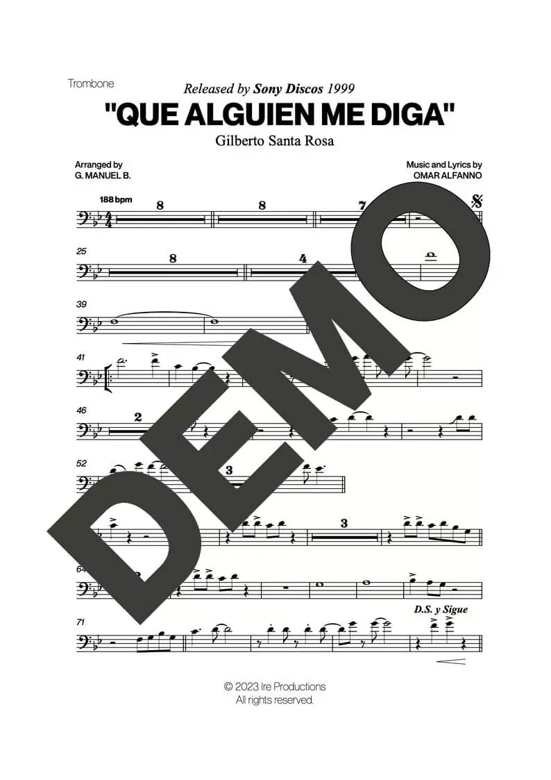 Gilberto Santa Rosa – Que Alguien Me Diga – Sheet Music Demo Page 2 (PDF) – Includes charts for Trumpets, Trombones, Saxophone, Piano and Bass