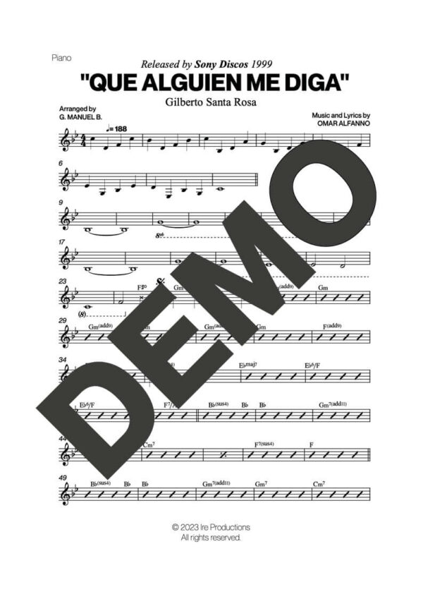 Gilberto Santa Rosa – Que Alguien Me Diga – Sheet Music Demo Page 3 (PDF) – Includes charts for Trumpets, Trombones, Saxophone, Piano and Bass