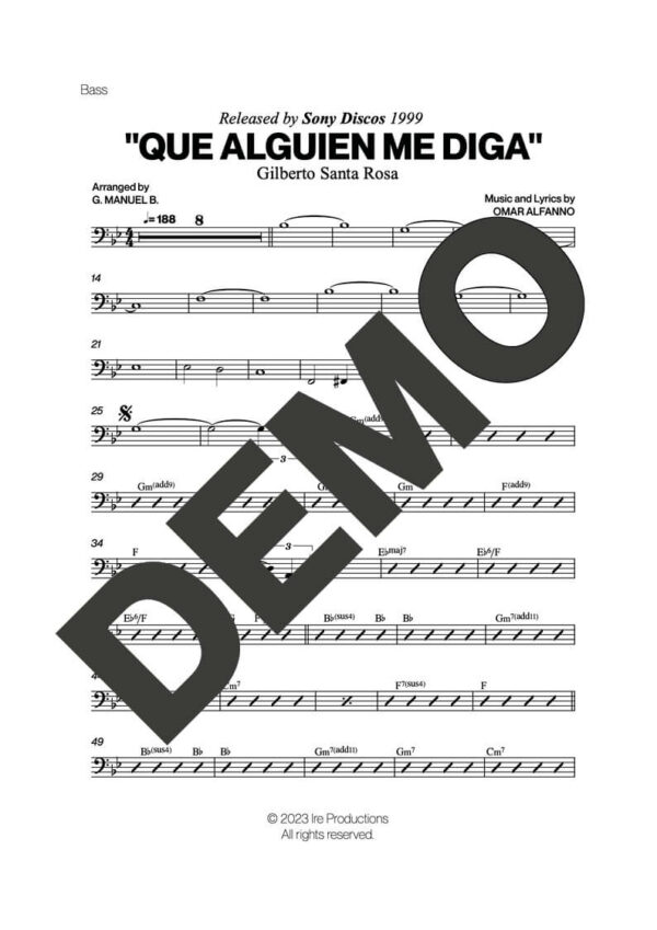 Gilberto Santa Rosa – Que Alguien Me Diga – Sheet Music Demo Page 4 (PDF) – Includes charts for Trumpets, Trombones, Saxophone, Piano and Bass