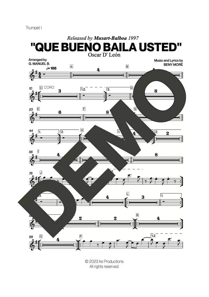 Oscar D' León – Que Bueno Baila Usted – First Page of Sheet Music Preview (PDF) – Includes charts for Trumpets, Trombones, Saxophone, Piano and Bass