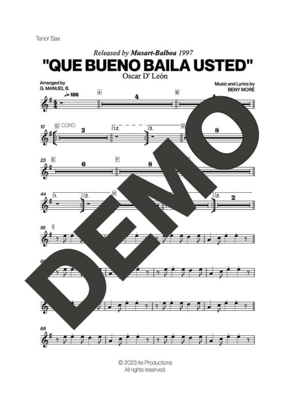 Oscar D' León – Que Bueno Baila Usted – Sheet Music Demo Page 1 (PDF) – Includes charts for Trumpets, Trombones, Saxophone, Piano and Bass