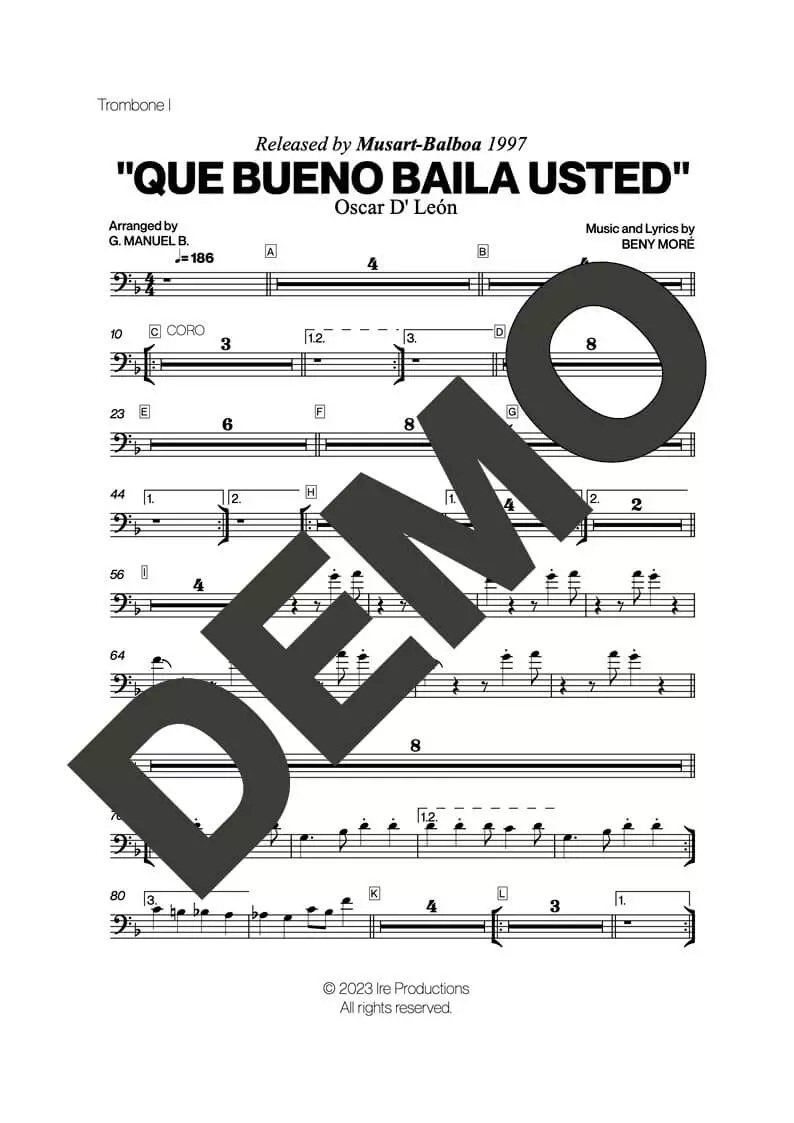 Oscar D' León – Que Bueno Baila Usted – Sheet Music Demo Page 2 (PDF) – Includes charts for Trumpets, Trombones, Saxophone, Piano and Bass