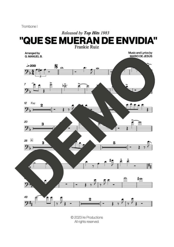 Frankie Ruiz – Que Se Mueran de Envidia – Sheet Music Demo Page 2 (PDF) – Includes charts for Trumpets, Trombones, Saxophone, Piano and Bass