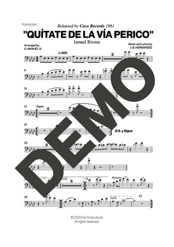 Ismael Rivera – Quítate de la Vía Perico – Sheet Music Demo Page 1 (PDF) – Includes charts for Trumpets, Trombones, Saxophone, Piano and Bass