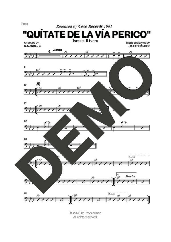 Ismael Rivera – Quítate de la Vía Perico – Sheet Music Demo Page 3 (PDF) – Includes charts for Trumpets, Trombones, Saxophone, Piano and Bass