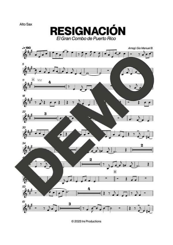 El Gran Combo de Puerto Rico – Resignación – First Page of Sheet Music Preview (PDF) – Includes charts for Trumpets, Trombones, Saxophone, Piano and Bass