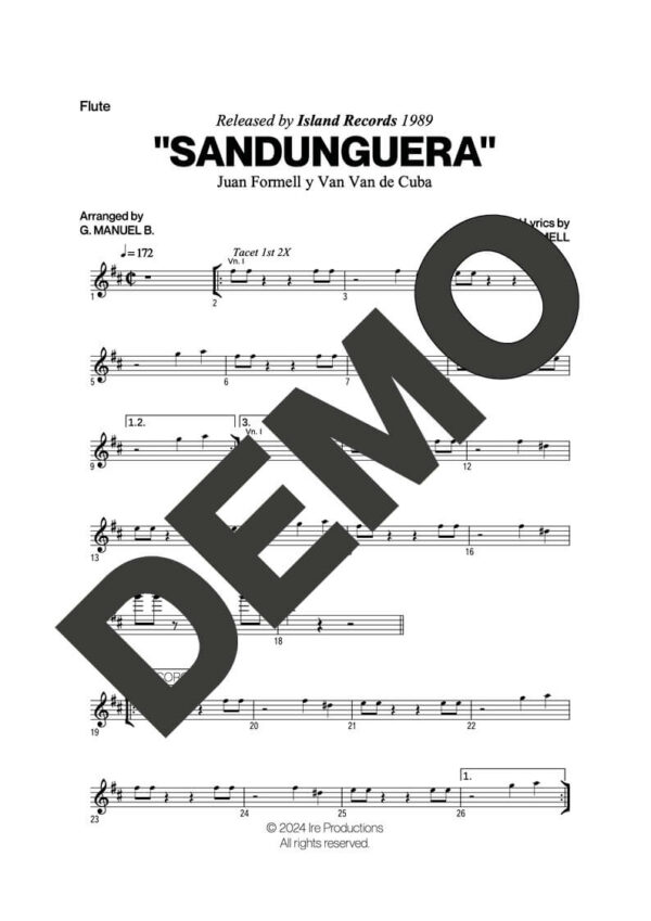 Los Van Van – Sandunguera (Por Encima del Nivel) – First Page of Sheet Music Preview (PDF) – Includes charts for Trumpets, Trombones, Saxophone, Piano and Bass
