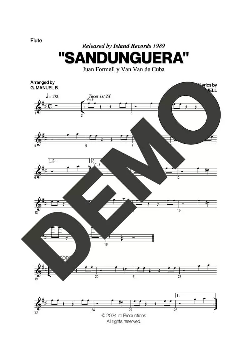 Los Van Van – Sandunguera (Por Encima del Nivel) – First Page of Sheet Music Preview (PDF) – Includes charts for Trumpets, Trombones, Saxophone, Piano and Bass