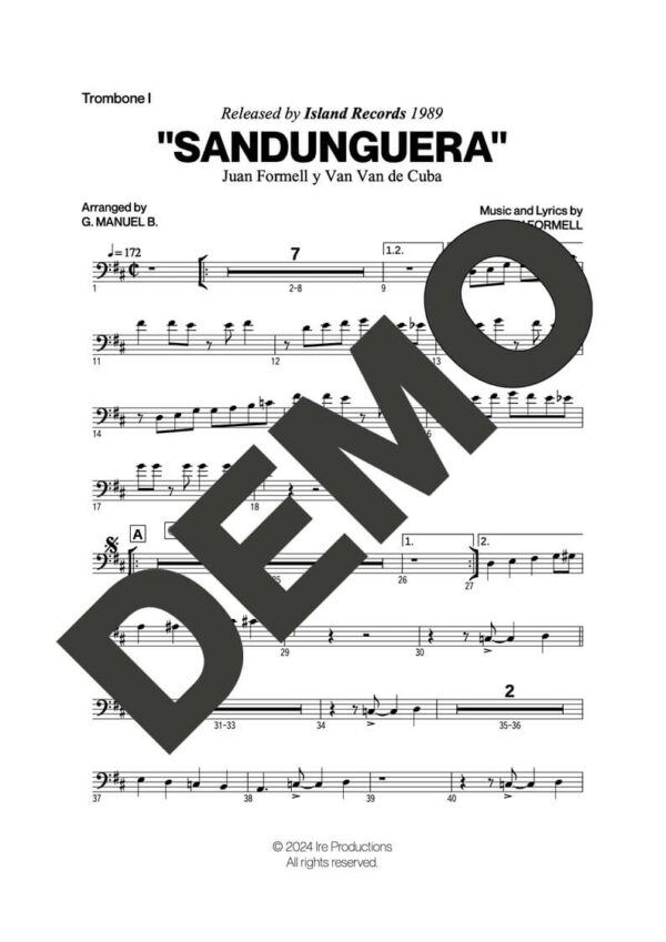 Los Van Van – Sandunguera (Por Encima del Nivel) – Sheet Music Demo Page 1 (PDF) – Includes charts for Trumpets, Trombones, Saxophone, Piano and Bass