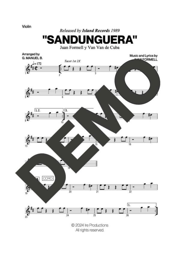 Los Van Van – Sandunguera (Por Encima del Nivel) – Sheet Music Demo Page 2 (PDF) – Includes charts for Trumpets, Trombones, Saxophone, Piano and Bass