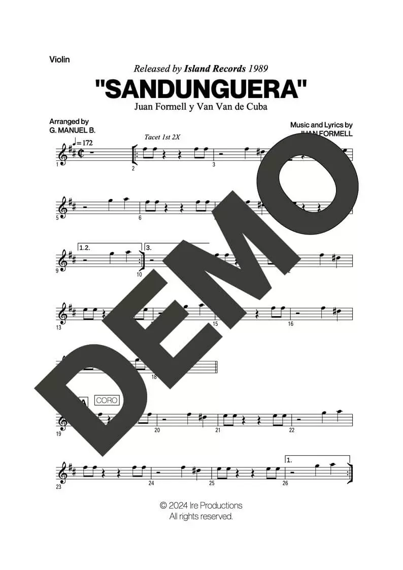 Los Van Van – Sandunguera (Por Encima del Nivel) – Sheet Music Demo Page 2 (PDF) – Includes charts for Trumpets, Trombones, Saxophone, Piano and Bass