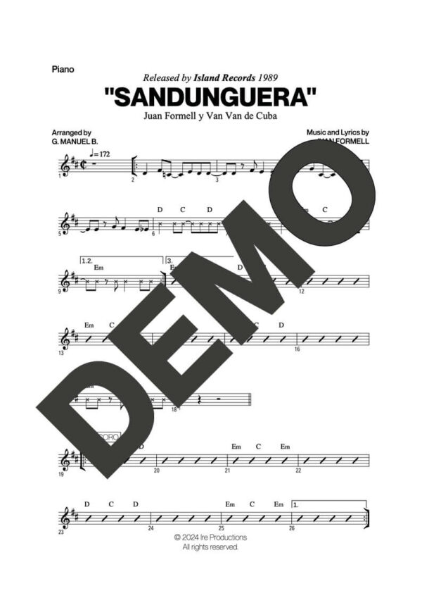 Los Van Van – Sandunguera (Por Encima del Nivel) – Sheet Music Demo Page 3 (PDF) – Includes charts for Trumpets, Trombones, Saxophone, Piano and Bass
