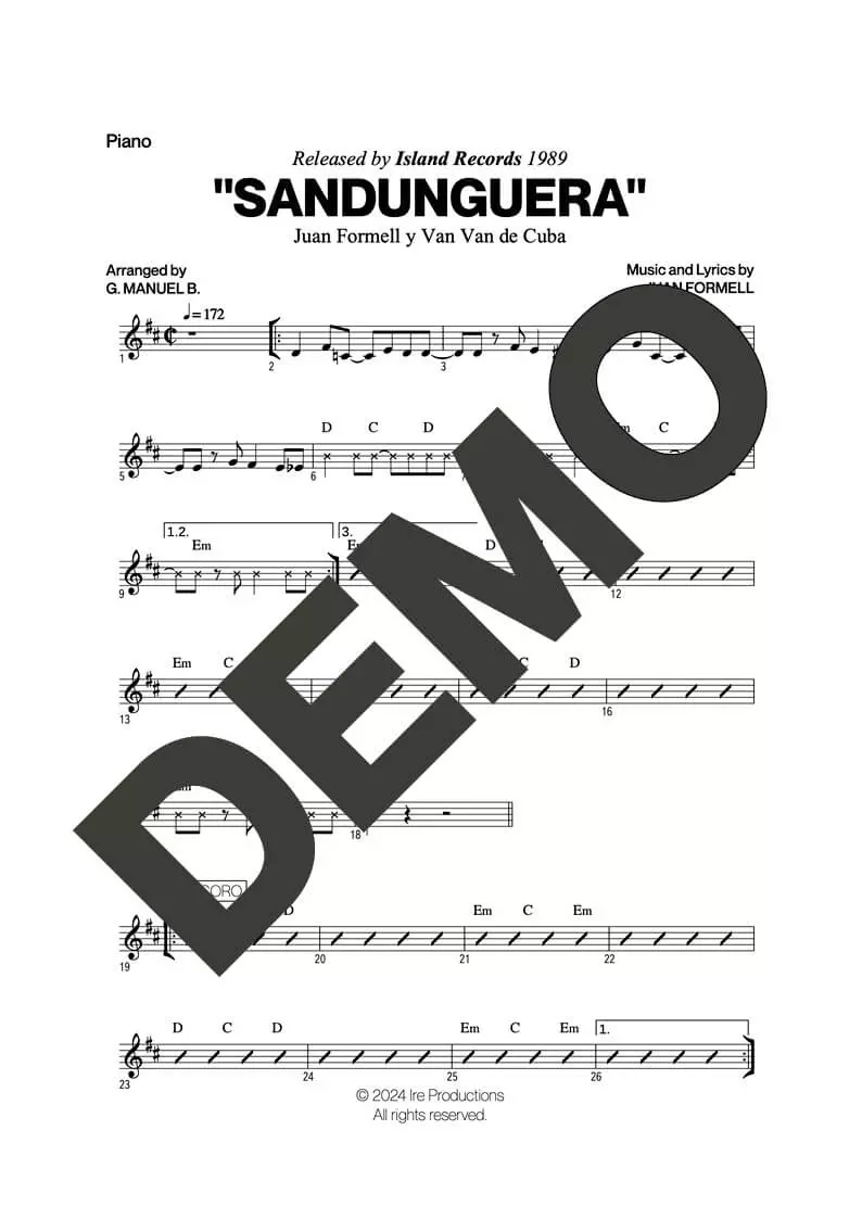 Los Van Van – Sandunguera (Por Encima del Nivel) – Sheet Music Demo Page 3 (PDF) – Includes charts for Trumpets, Trombones, Saxophone, Piano and Bass