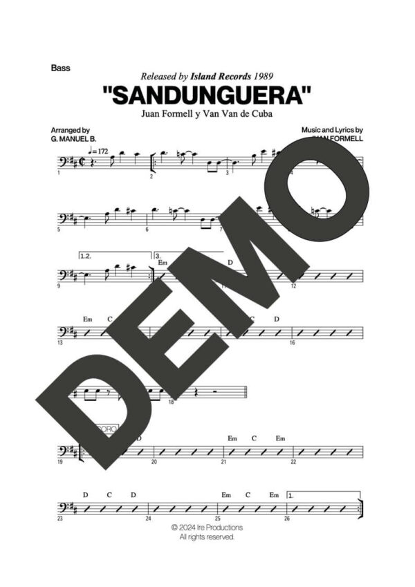 Los Van Van – Sandunguera (Por Encima del Nivel) – Sheet Music Demo Page 5 (PDF) – Includes charts for Trumpets, Trombones, Saxophone, Piano and Bass