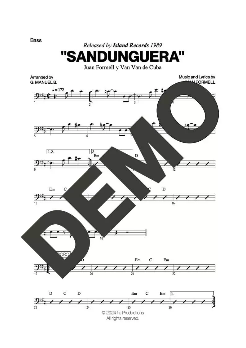 Los Van Van – Sandunguera (Por Encima del Nivel) – Sheet Music Demo Page 5 (PDF) – Includes charts for Trumpets, Trombones, Saxophone, Piano and Bass
