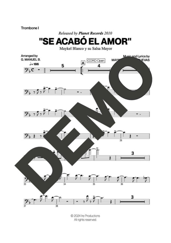 Maykel Blanco y su Salsa Mayor – Se Acabó el Amor – Sheet Music Demo Page 1 (PDF) – Includes charts for Trumpets, Trombones, Saxophone, Piano and Bass