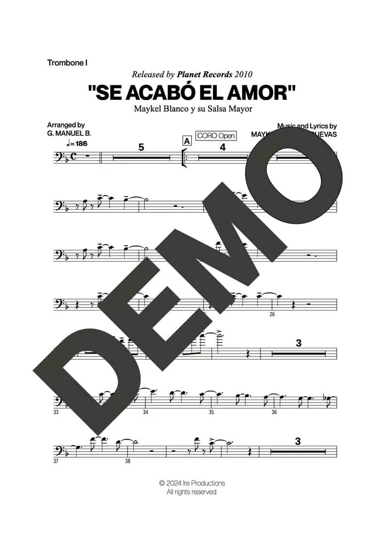 Maykel Blanco y su Salsa Mayor – Se Acabó el Amor – Sheet Music Demo Page 1 (PDF) – Includes charts for Trumpets, Trombones, Saxophone, Piano and Bass