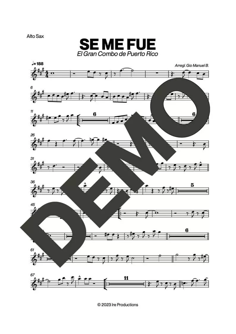 El Gran Combo de Puerto Rico – Se Me Fue – First Page of Sheet Music Preview (PDF) – Includes charts for Trumpets, Trombones, Saxophone, Piano and Bass