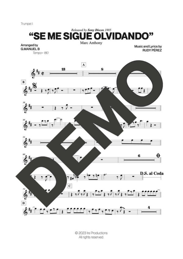 Marc Anthony – Se Me Sigue Olvidando – First Page of Sheet Music Preview (PDF) – Includes charts for Trumpets, Trombones, Saxophone, Piano and Bass