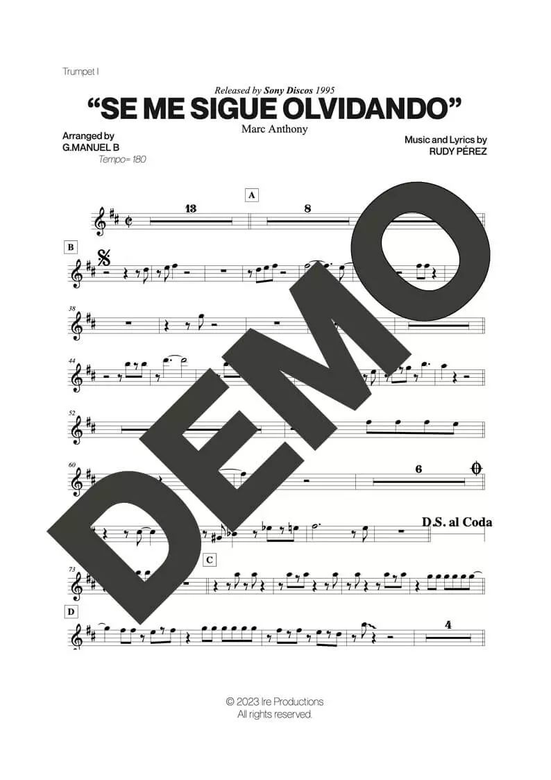Marc Anthony – Se Me Sigue Olvidando – First Page of Sheet Music Preview (PDF) – Includes charts for Trumpets, Trombones, Saxophone, Piano and Bass