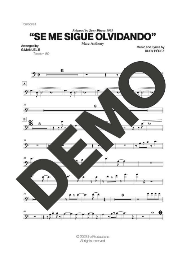 Marc Anthony – Se Me Sigue Olvidando – Sheet Music Demo Page 1 (PDF) – Includes charts for Trumpets, Trombones, Saxophone, Piano and Bass