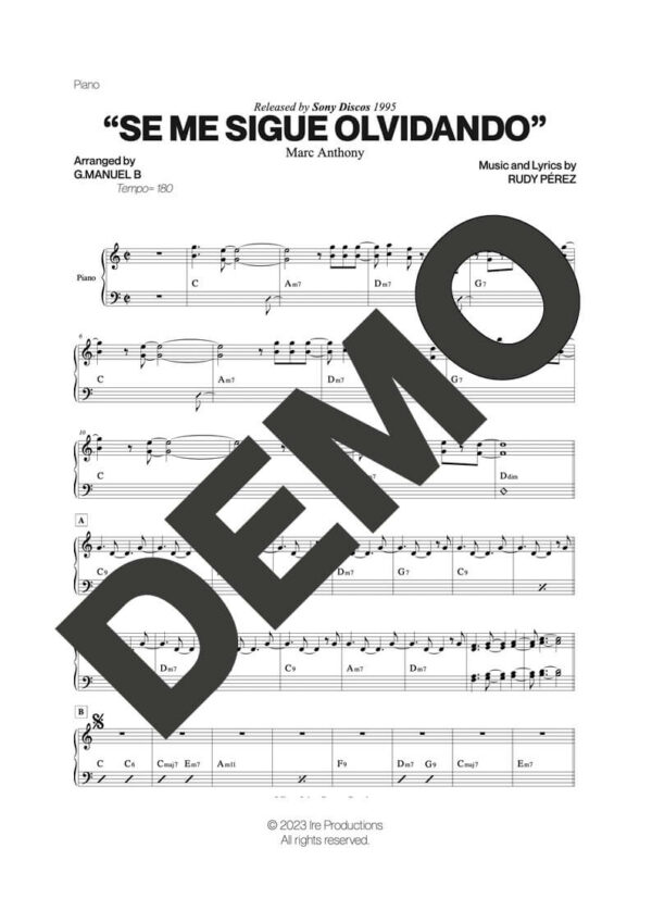 Marc Anthony – Se Me Sigue Olvidando – Sheet Music Demo Page 2 (PDF) – Includes charts for Trumpets, Trombones, Saxophone, Piano and Bass