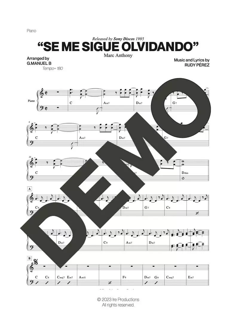 Marc Anthony – Se Me Sigue Olvidando – Sheet Music Demo Page 2 (PDF) – Includes charts for Trumpets, Trombones, Saxophone, Piano and Bass