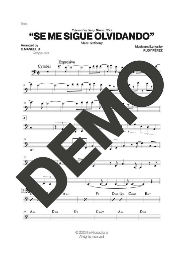 Marc Anthony – Se Me Sigue Olvidando – Sheet Music Demo Page 3 (PDF) – Includes charts for Trumpets, Trombones, Saxophone, Piano and Bass