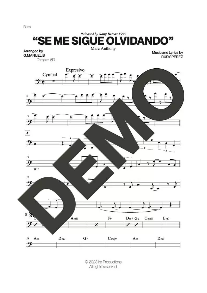 Marc Anthony – Se Me Sigue Olvidando – Sheet Music Demo Page 3 (PDF) – Includes charts for Trumpets, Trombones, Saxophone, Piano and Bass