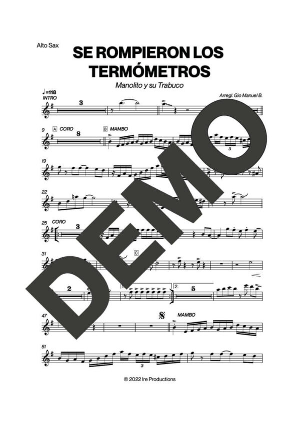Manolito y su Trabuco – Se Rompieron Los Termómetros – First Page of Sheet Music Preview (PDF) – Includes charts for Trumpets, Trombones, Saxophone, Piano and Bass