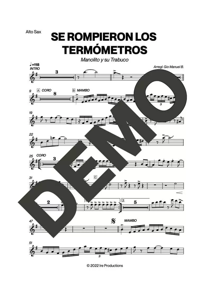 Manolito y su Trabuco – Se Rompieron Los Termómetros – First Page of Sheet Music Preview (PDF) – Includes charts for Trumpets, Trombones, Saxophone, Piano and Bass