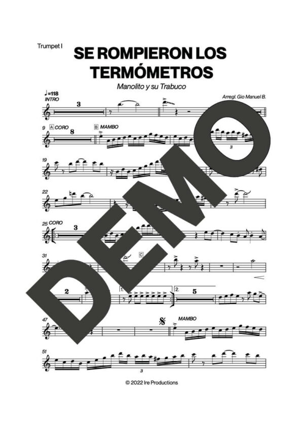 Manolito y su Trabuco – Se Rompieron Los Termómetros – Sheet Music Demo Page 1 (PDF) – Includes charts for Trumpets, Trombones, Saxophone, Piano and Bass