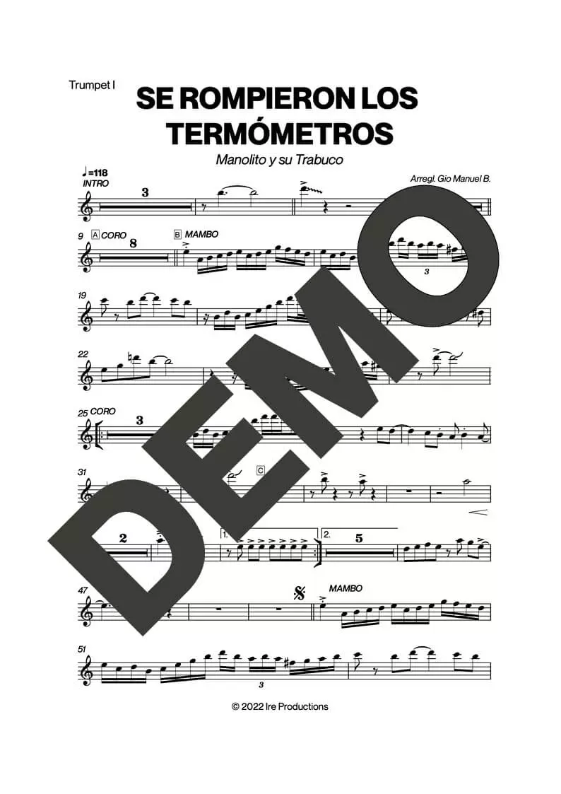 Manolito y su Trabuco – Se Rompieron Los Termómetros – Sheet Music Demo Page 1 (PDF) – Includes charts for Trumpets, Trombones, Saxophone, Piano and Bass