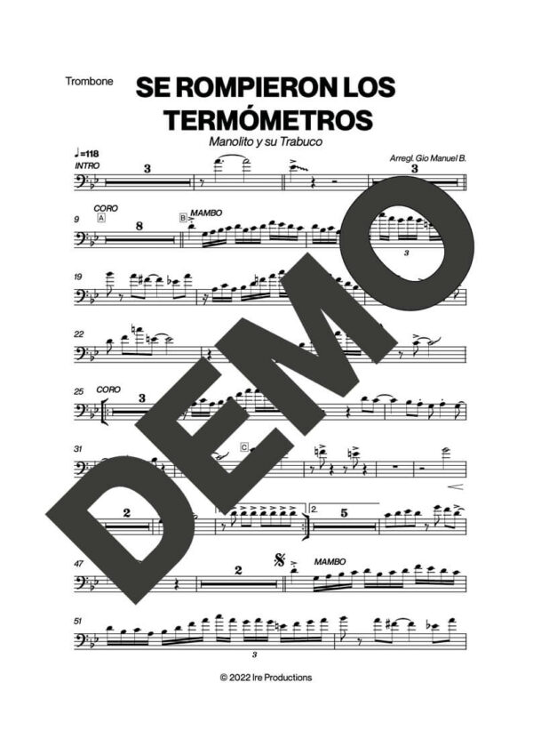 Manolito y su Trabuco – Se Rompieron Los Termómetros – Sheet Music Demo Page 2 (PDF) – Includes charts for Trumpets, Trombones, Saxophone, Piano and Bass