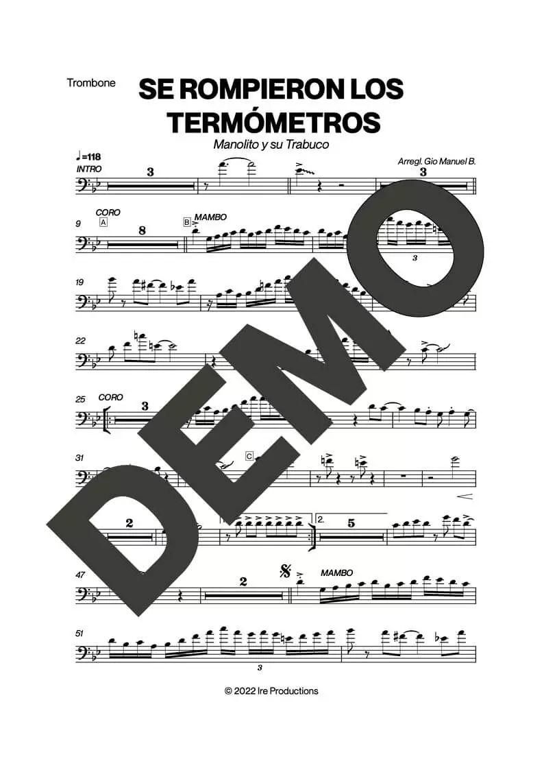 Manolito y su Trabuco – Se Rompieron Los Termómetros – Sheet Music Demo Page 2 (PDF) – Includes charts for Trumpets, Trombones, Saxophone, Piano and Bass