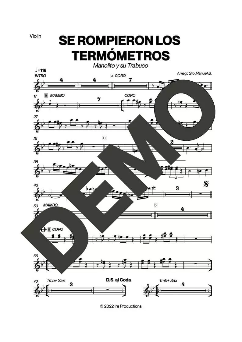 Manolito y su Trabuco – Se Rompieron Los Termómetros – Sheet Music Demo Page 3 (PDF) – Includes charts for Trumpets, Trombones, Saxophone, Piano and Bass