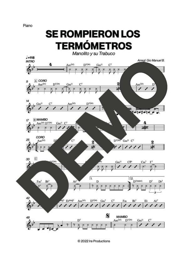 Manolito y su Trabuco – Se Rompieron Los Termómetros – Sheet Music Demo Page 4 (PDF) – Includes charts for Trumpets, Trombones, Saxophone, Piano and Bass