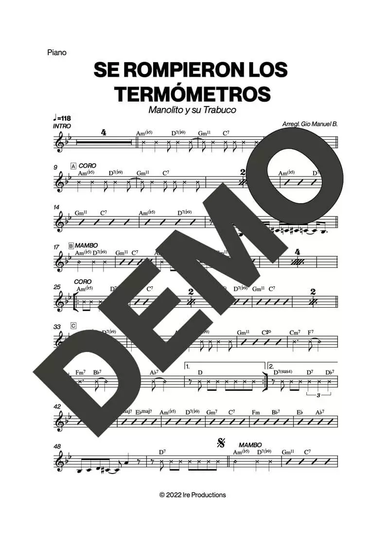 Manolito y su Trabuco – Se Rompieron Los Termómetros – Sheet Music Demo Page 4 (PDF) – Includes charts for Trumpets, Trombones, Saxophone, Piano and Bass