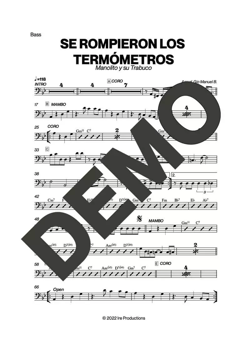 Manolito y su Trabuco – Se Rompieron Los Termómetros – Sheet Music Demo Page 6 (PDF) – Includes charts for Trumpets, Trombones, Saxophone, Piano and Bass