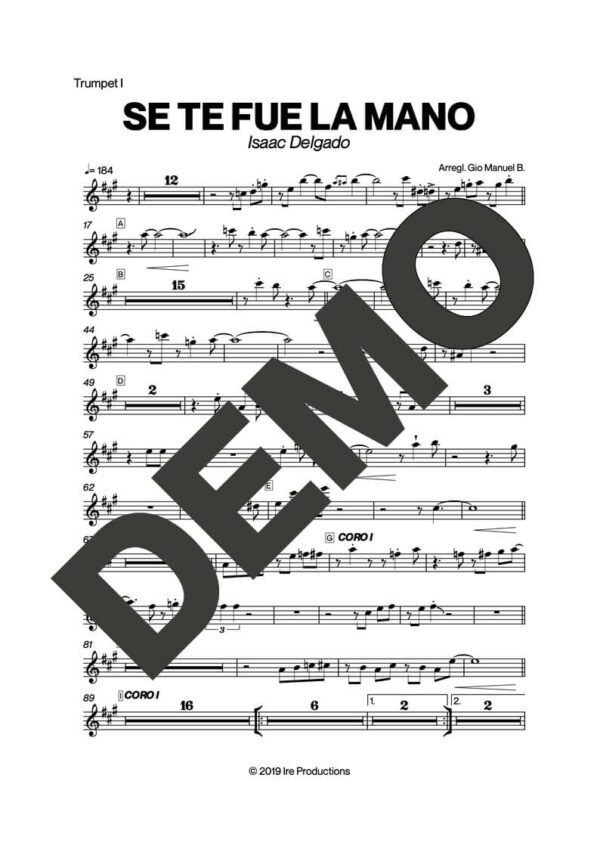 Issac Delgado – Se Te Fue la Mano – Sheet Music Demo Page 1 (PDF) – Includes charts for Trumpets, Trombones, Saxophone, Piano and Bass