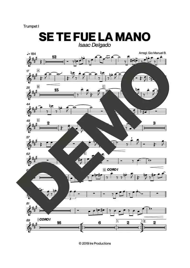 Issac Delgado – Se Te Fue la Mano – Sheet Music Demo Page 1 (PDF) – Includes charts for Trumpets, Trombones, Saxophone, Piano and Bass