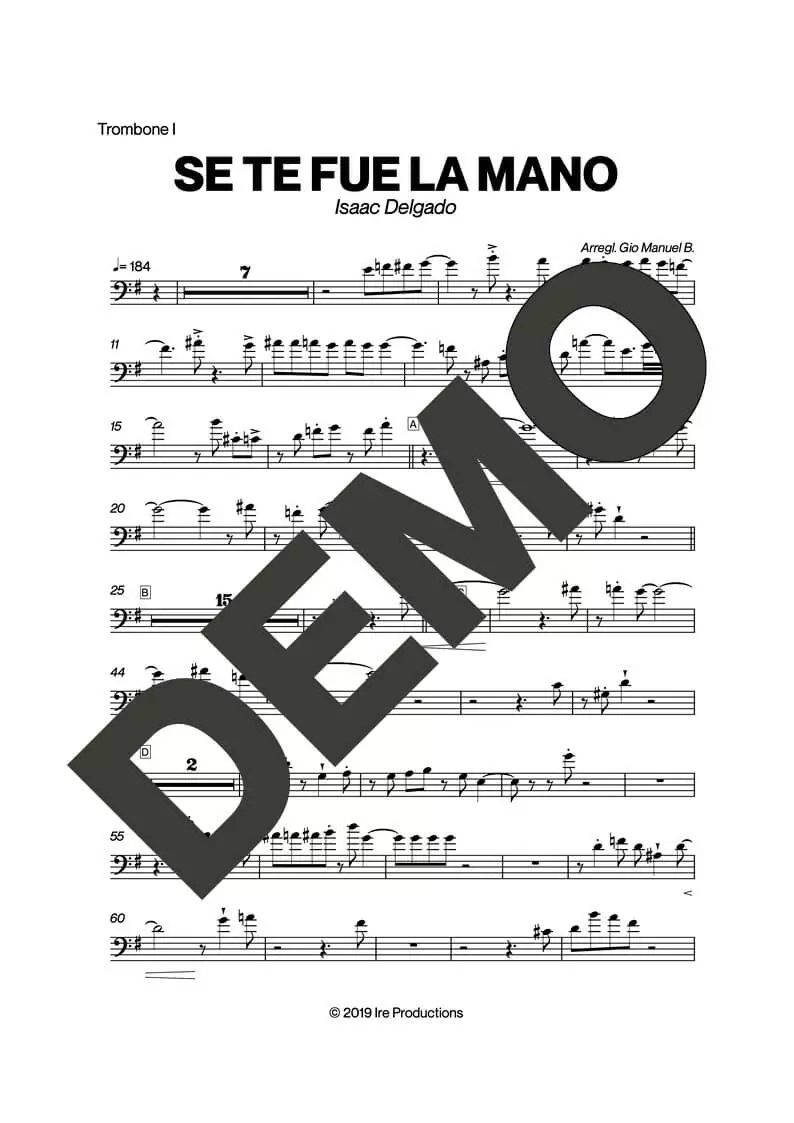 Issac Delgado – Se Te Fue la Mano – Sheet Music Demo Page 2 (PDF) – Includes charts for Trumpets, Trombones, Saxophone, Piano and Bass